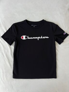 Champion Kid’s Black Tee with White Script and Red Accent